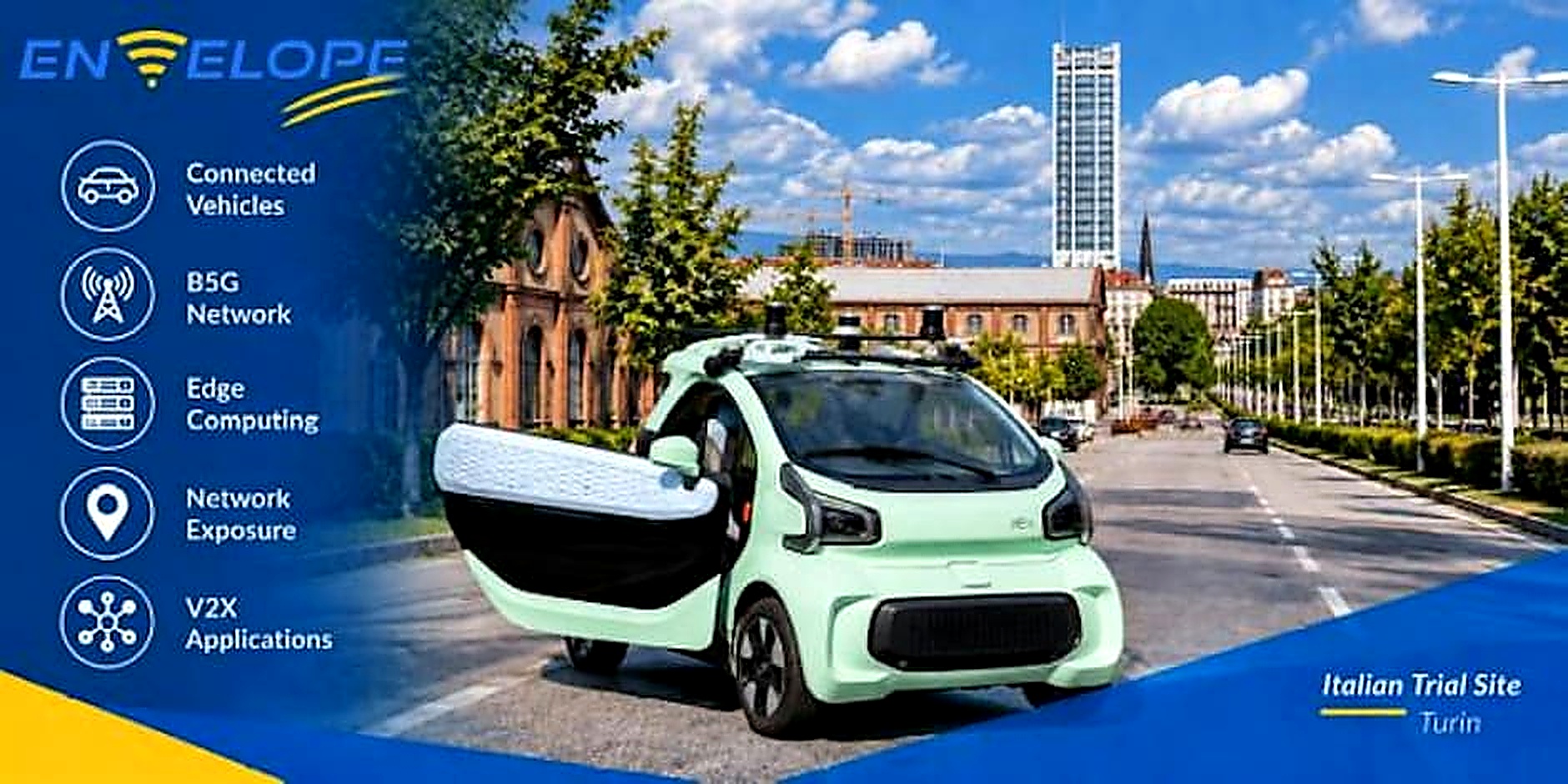 Veicolo connesso e automatizzato a Torino nell'ambito del progetto ENVELOPE per la sperimentazione delle tecnologie Beyond 5G applicate alla mobilità intelligente.