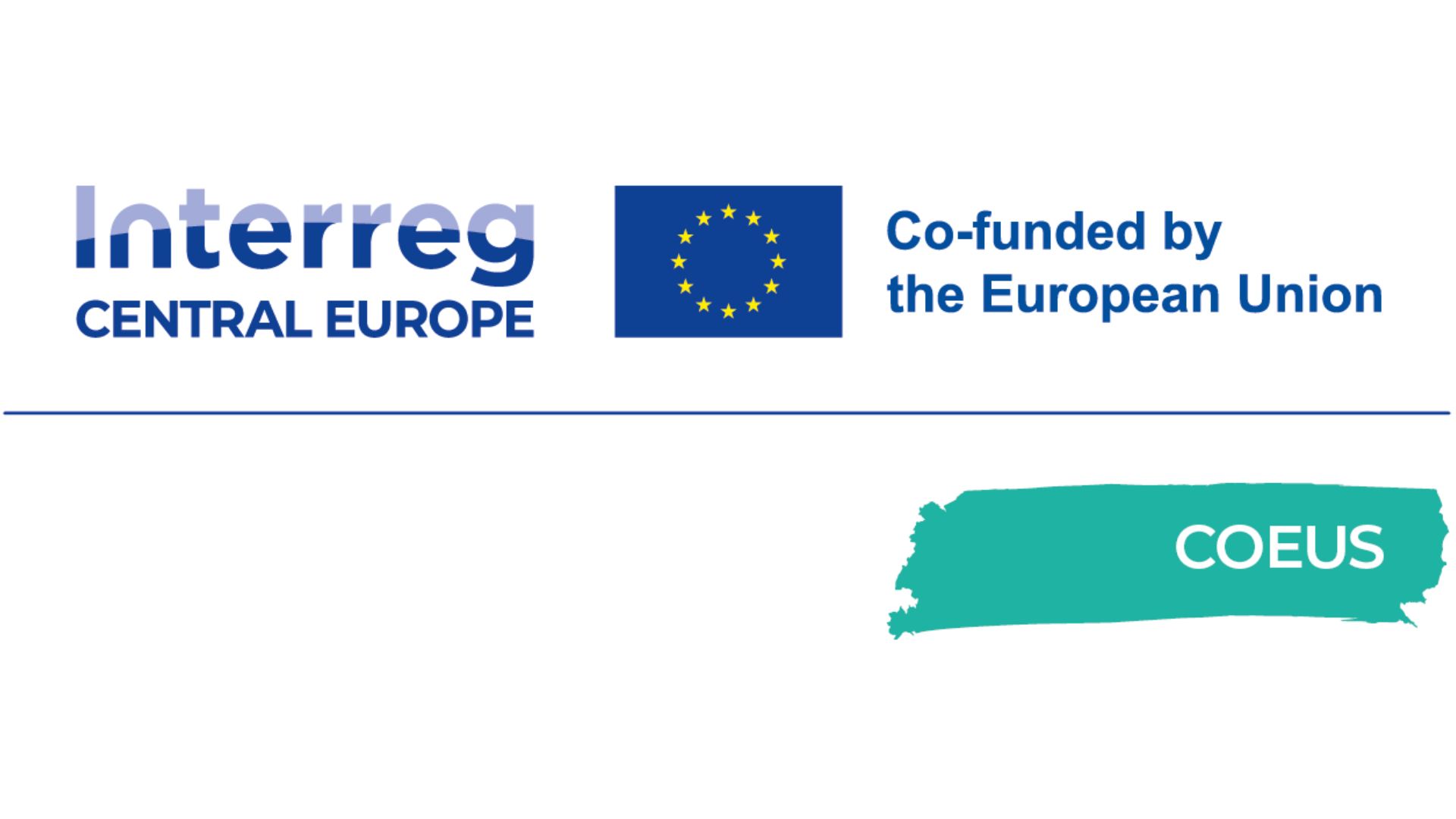 Loghi di Interreg Central Europe, Unione Europea e progetto COEUS, iniziativa cofinanziata dall'Unione Europea.
